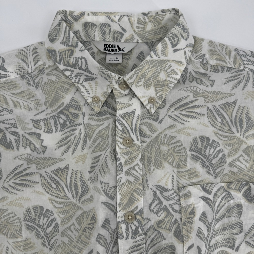 Eddie Bauer Mens Medium Short Sleeve Button Down Shirt Gray Leaf Print Cotton